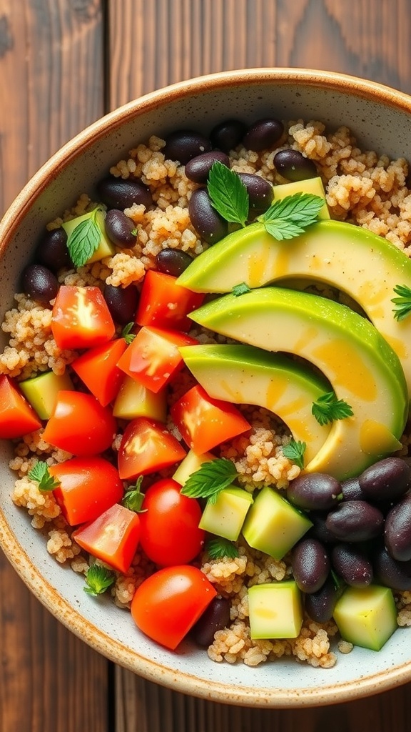 A colorful quinoa bowl with tomatoes, cucumber, avocado, and black beans, garnished with herbs.
